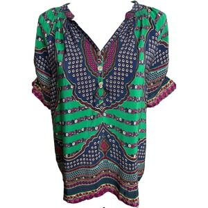 100% Silk Floral Paisley Top Boho Ruffle Sleeve Womens Small Green